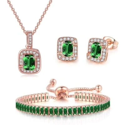 Immagine di FDEETY Gioielleria Parures per Donne con Zirconi Cubici Collana Orecchini Bracciali Set la Sposa Zirconia Damigella D&#039;onore (Verde)