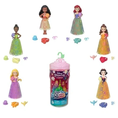 Immagine di Mattel Disney Princess Royal Color Reveal Serie festa in Giardino, mini bambola con 6 soprese profumate, include 4 accessori e un anello, giocattolo per bambini, 3+ anni, HRN63
