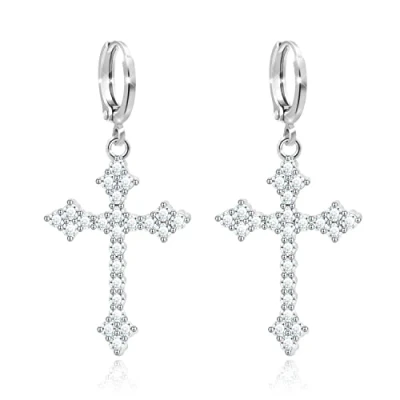 Immagine di KristLand Tono Argento Pieno CZ Cubic Zirconia Elegante Croce Gotica Hoop Piercing Orecchini Goccia Con Oro Bianco 18K Placcato Per Le Donne