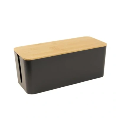 Immagine di Intirilife Scatola porta cavi con coperchio in bambù Nero 32 x 12.5 13.5 cm Box per gestione cavi, organizer nascondere e ciabatte