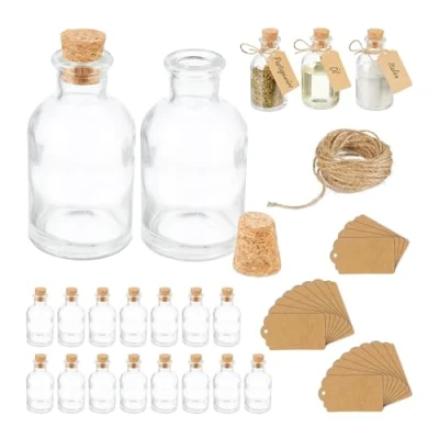Immagine di Relaxdays Set da 20 Bottigliette in Vetro per Bomboniere, Bottiglie 60 ml, Barattolini con Tappo, Trasparente Marrone, Cartone