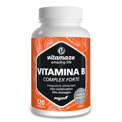 Immagine di Vitamaze® Vitamina B Complex Forte +140 Mg de Tutte le Vitamine Gruppo B, 120 compresse per 4 mesi B1, B3, B6, Biotina, B12 y Acido Folico, Qualità Tedesca.…