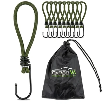 Immagine di CargoVA® 10 elastici con ganci e pratica borsa di espansione per teloni reti Verde oliva lunghezza 15 cm [10 pezzi]