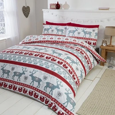Immagine di Scandi Trapunta Copripiumino e 2 Federa Set di Biancheria da Letto in Flanella Cotone Pettinato 100%, Rosso/Multicolore, Super King
