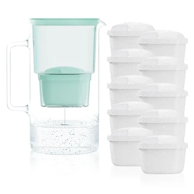 Immagine di Wessper 3 in 1 Caraffa Di Vetro Filtrante Per L&#039;acqua 2.5l Con Sistema Filtro, 10x Cartucce Filtrazione, Menta