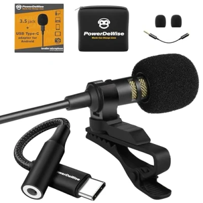 Immagine di PowerDeWise Set di microfoni lavalier professionali grado 2 per doppia intervista, doppio microfono lav, perfetto come blog, vlog, interviste, iPhone