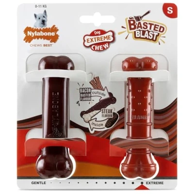 Immagine di Nylabone, Basted Blast, gommoso estremamente forte, Gioco Per cani in nylon, Forma dell&#039;osso, Osso resistente, Gusto pancetta e bistecca, Piccolo, fino a 11 kg, Confezione da 2