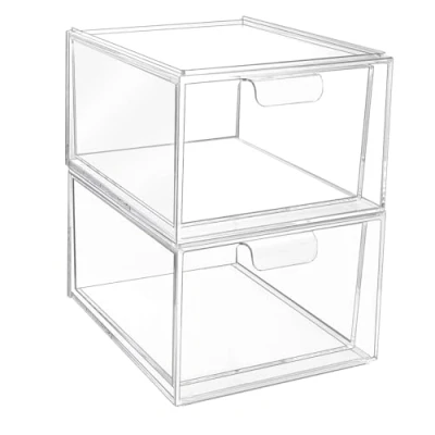 Immagine di 2 cassetti trasparenti impilabili Contenitori per in plastica vanità 16 tappetini antiscivolo ideale bagno, camera da letto, scrivania e altri scenari