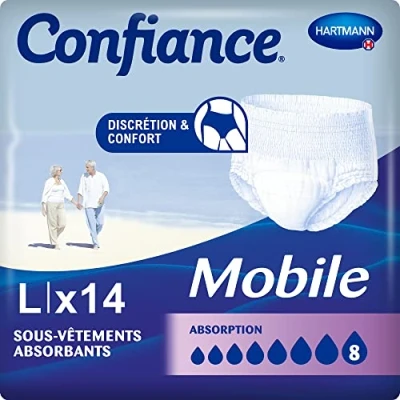 Immagine di Confiance® Mobile Slips assorbenti per uomini e donne Livello di assorbimento = 8 gocce (Urinari Importante) Discreti ed efficaci pH neutro alla pelle Taglia L 14 unità