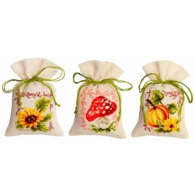 Immagine di Vervaco PN 0021743 Set di 3 sacchettini per erbe aromatiche da ricamare, motivo: autunno, in cotone, multicolore 8 x 12 cm / 3,2&quot; 4,8&quot;