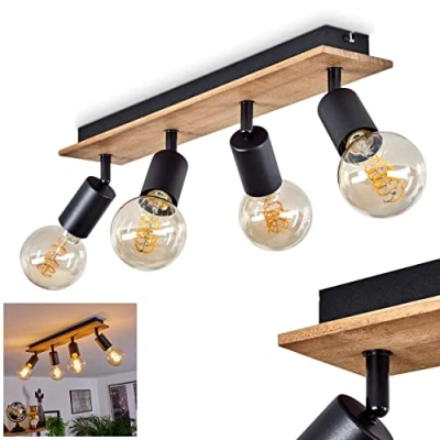 Immagine di lampada da soffitto Maidford, in metallo/legno nero/natura, a 4 luci, con faretti orientabili, x attacco E27, design retrò/vintage, senza lampadina/e