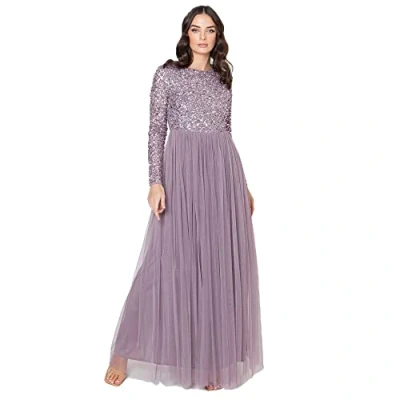 Immagine di Maya Deluxe Damen Kleid für Hochzeitsgast übergröße Groß Reich Hohe Taille Pailletten Langarm Lang Abschlussball Abend Vestito da Damigella d&#039;Onore, Moody Lilac, 50 Donna