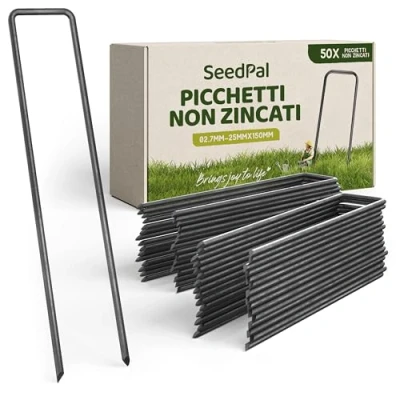 Immagine di SeedPal 50 Picchetti in Acciaio Robusto Non Galvanizzato Per Telo di Pacciamatura, Recinzione e Rete 150mm Lunghezza, 25mm Larghezza, Ø 3mm