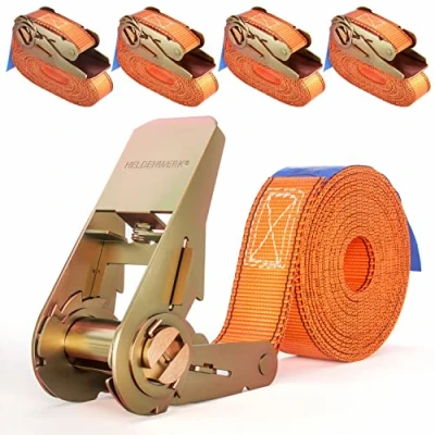 Immagine di HELDENWERK 4 cinghie con cricchetto da m, 5 m o 6 certificate TÜV/GS doppia cucitura, di fissaggio resistenti alle intemperie e robuste
