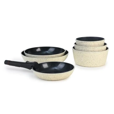 Immagine di LAGUIOLE, Set cucina 7 pezzi in alluminio forgiato con rivestimento ceramico antiaderente, manico removibile, compatibile tutte le fonti di calore, impilabile, 20 28 cm, Verde