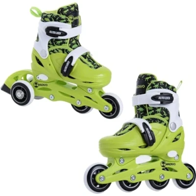 Immagine di Madivo Dino, set di pattini in linea 2 1, regolabili, a rotelle ABEC 5, convertibili rotelle, verde/nero, dimensioni: 26 29, 30 33 (XS (26 29)