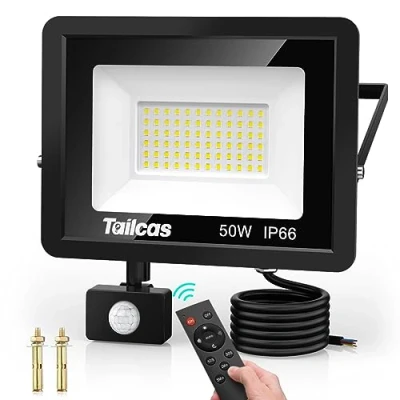 Immagine di Tailcas 50W Faretto LED da Esterno con Sensore di Movimento, IP66 Impermeabile Faretti Telecomando, 4500LM Luci Interno ed per Giardino, Cortile, Garage