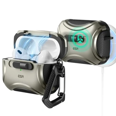 Immagine di ESR Cover per AirPods Pro 2/1 Generazione (2023/2022/2019), Custodia 2 (USB C/Lightning Cable), Adatto MagSafe, Chiusura Magnetica, Protezione Dalle Cadute, Titanio Metallico