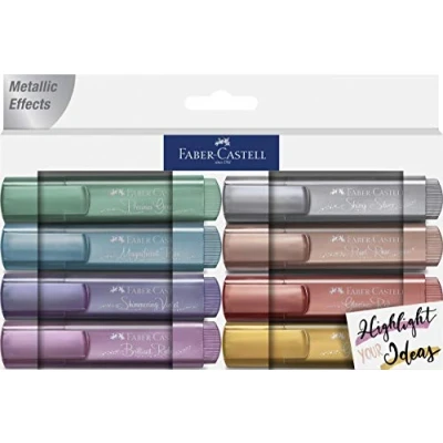 Immagine di Faber Castell 154625 Set di evidenziatori TL 46, confezione da 8, colori metallici, con punta a cuneo lunga durata, larghezza linea 1 5 mm