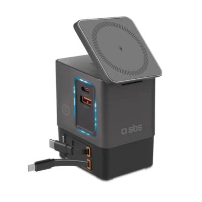 Immagine di SBS Power Dock 6in1 100W USB C, Ricarica Wireless 15W, Compatibile MagSafe, Delivery (PD 3.0 PPS), Charging Station con 2x Cavo Retrattile, Alimentatore per Notebook, iPhone, AirPods, Nero