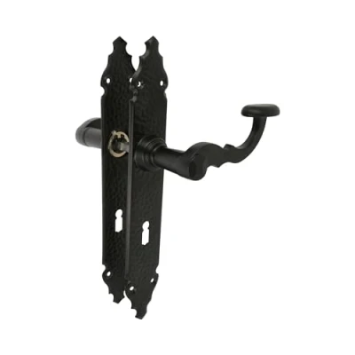 Immagine di Amig Set di maniglie Mod. 100PG 280 x 44 mm Maniglia in Zamak con placca acciaio Finitura nera Include bocchetta a gola Quadrato da 8 Stile rustico forgiato mano