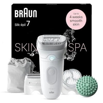 Immagine di Braun Silk épil 7 SkinSpa Depilatore Donna, Epilatore Elettrico Donna Con Testina Ampia Per Una Epilazione Facile, Wet &amp; Dry, Pelle Liscia a Lungo, Kit Tutto In Uno, 081, Bianco/Argento