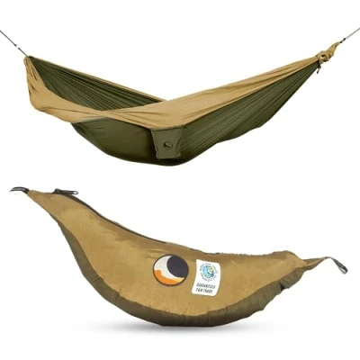 Immagine di Ticket to the Moon Kingsize per 1 2 Persone, commercio equo &amp; fatta a mano, leggera VERDE MILITARE/MARRONE viaggiare, il campeggio e l&#039;uso quotidiano, XXL 3.2*2.3m, 700g, nylon paracadute in seta
