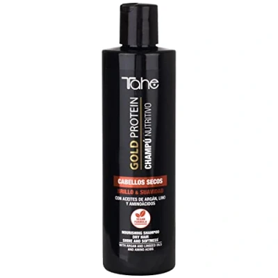 Immagine di Tahe Gold Protein Shampoo Nutriente Capelli Secchi, Brillante e Morbidezza con Oli di Argan, Lino Acidi Aminoacidi (300 ml)