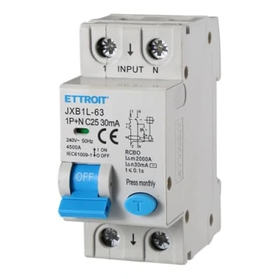 Immagine di Interruttore magnetotermico differenziale salvavita, 1P+N, occupa 2 moduli DIN, 220V 230V, 25A C25, 30mA, 6KA 6000A, RCBO