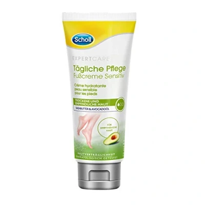 Immagine di Scholl Expertcare Crema quotidiana per piedi Sensitiv con burro di karitè e olio avocado, tollerabilità dermatologicamente testata, non profumata, ad assorbimento rapido, grassa, 75 ml