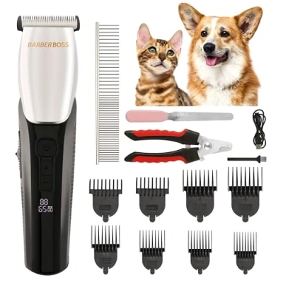 Immagine di BarberBoss Dog Groomer 8 accessori per pettine, design elegante con 4 impostazioni di velocità, 100% impermeabile, testina in ceramica, display a LED, cordless Tagliacane e gatti, QR 9083