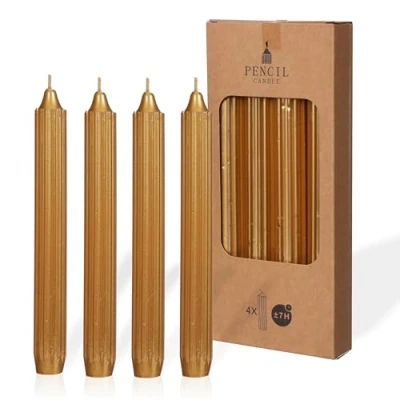 Immagine di COMFORDER Set di 4 candele da tavola in tinta unita + a coste, 20 cm, durata 7 ore (oro)