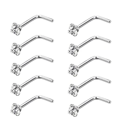 Immagine di Zeayebsr 10 pezzi Naso Piercing Gioielli in Acciaio Inox Perno Piercing,Piercing Lip Anelli Zirconi Intarsiato, Forma curva a L