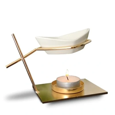Immagine di Zen&#039;Arôme Bruciatore per fondente e cera profumata, diffusore di oli essenziali atmosfera, in ceramica metallo, design originale, altezza 10 cm, bianco