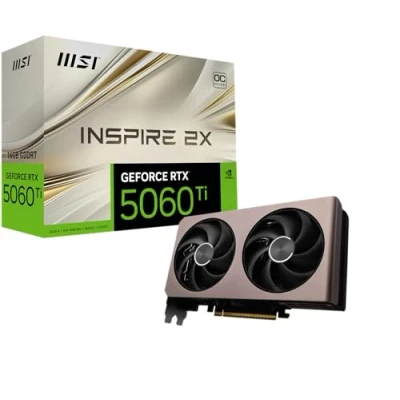 Immagine di MSI GeForce RTX 5060 Ti 16G INSPIRE 2X OC Scheda Video Memoria 16GB (GDDR7), Interfaccia PCI Express Gen 5 x16, Core CUDA 4608 unità, Risoluzione Max. (7680 x 4320) Zero Frozr, Doppia ventola