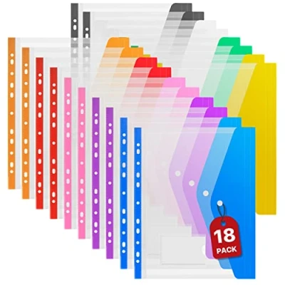 Immagine di Tasche forate A4 Portafogli in plastica 18PCS Portafoglio documenti espandibile Cartelle portadocumenti Popper con tasca a lacci per casa, ufficio e scuola, 9 colori