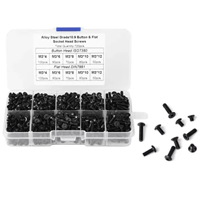 Immagine di 720 viti a testa esagonale, set di M3, 4 mm 6 8 10 12 manopola in acciaio legato nero e piatta