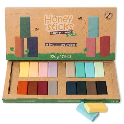 Immagine di Honeysticks pastelli a blocchi (confezione da 16), atossici per bambini, realizzati in pura cera d&#039;api e colori uso alimentare, Jumbo lunga durata disegnare, colorare