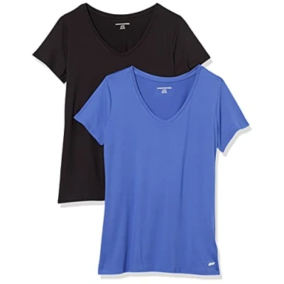 Immagine di Amazon Essentials T Shirt Tech Stretch a Maniche Corte con Scollo V (Disponibile in Taglia Forte) Donna, Pacco da 2, Bluette/Nero, M