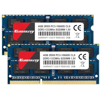 Immagine di Kuesuny 8GB KIT (2X4GB) DDR3 1333MHz Sodimm Ram PC3 10600 10600S 1.5V CL9 204 Pin 2RX8 Dual Rank Non ECC Unbuffered Memory Ideale per Notebook Laptop Upgrade