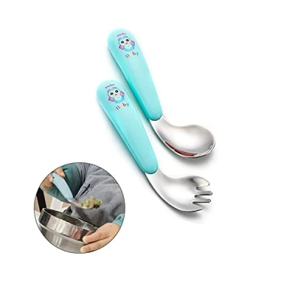 Immagine di Silent Cucchiaio di Allenamento Alimentazione Zuppa Bambino Posate Bambini Set Forchette Cucchiai Utensili apprendimento Autodidatta (Verde)