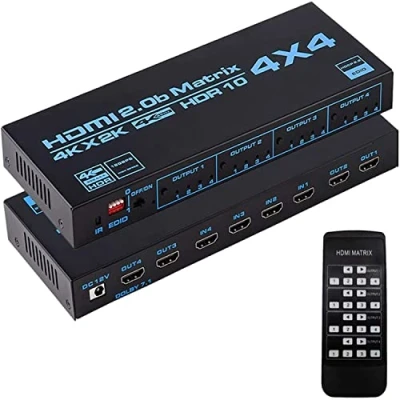 Immagine di Selettore matriciale 4X4,Matrice 4K HdMI 4 ingressi uscite Matrice 2.0 Porte 4x4 Supporta @ 60Hz Dolby Vision HDR HDCP 2.2 Supporto del telecomando