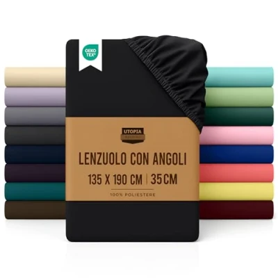 Immagine di Utopia Bedding Lenzuolo con Angoli Piazza e Mezza Francese 135x190cm Nero Microfibra di Poliestere Spazzolato Sotto Elasticizzato