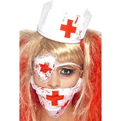 Immagine di Smiffys Kit Infermiera Insanguinata, comprende Maschera, Copricapo e Benda per Occhio, Effetto Sangue
