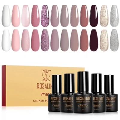 Immagine di ROSALIND Smalti Semipermanenti per Unghie, 12 Colori Bianco Rosa Viola Farina d&#039;avena Marrone Glitter Oro Argento Smalto Semipermanente, Soak Off UV/LED Mini Nail Art Manicure Gel Unghie
