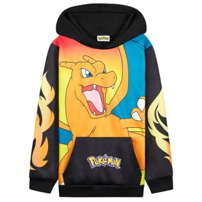 Immagine di Pokémon Felpe con Cappuccio per Bambini e Ragazzi, Felpa Comoda Tasca a Canguro (Nero/Arancione Charizard, 11 12 Anni)