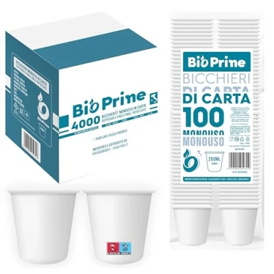 Immagine di BioPrime 4000pz Bicchieri Acqua in Carta 200ml Biodegradabili Per Bevande Calde, e Bibite Usa Getta.