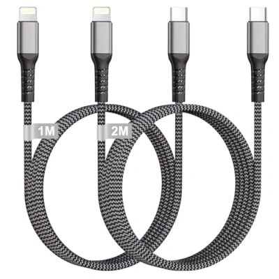 Immagine di KINPEE Cavo USB C Lightning 1M+2M [Certificato MFi], iPhone Nylon Ricarica Rapida Cavetto Filo Caricatore per 14/13/12/11/X, iPad, AirPods