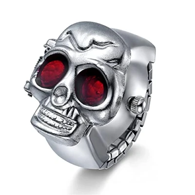 Immagine di JewelryWe Orologio da dito Punk uomo e donna con elastico rotondo al quarzo, Anello Stile Teschio, Colore Scelta
