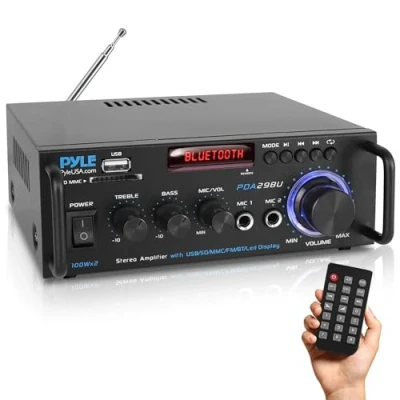 Immagine di Pyle Preamplificatore Phono, Amplificatore Audio Stereo Wireless Bluetooth 200 Watt, Doppio Canale, RCA, USB, SD, Microfono, Radio FM, Uso Studio